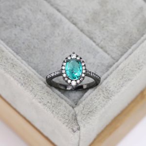 2023 Fashion New S925 Sterling Silver Electroplated Black Diamond Ring European and American Oval Emerald Women's Ring