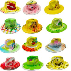 Wide Brim Hats Bucket Hats Wholesale price women's FEDORA tie dyed hat 3D painted graffiti felt hat party hat model po wide brim Panama hat Unisex hat 230725