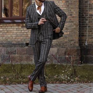 Ternos Masculinos Homens 3 Peças Blazer Colete Calças Simples Seios Xadrez Cinza Escuro Smoking Slim Moda Casamento Trabalho Formal Causal Sob Medida