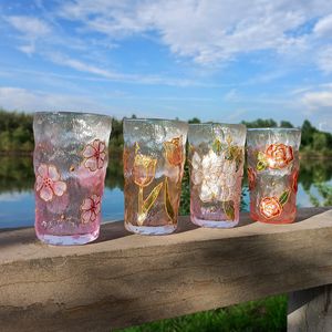 Wine Glasses Japanese Hand Painting Glass Coffee Cup Floral Pattern Water Tea Drinkware Milk Juice Mugs Whiskey Gift 230725