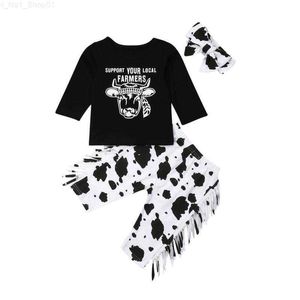 Clothing Sets Clothing Sets Born Baby Boy Girl Long Sleeve Cow Print T-shirt Tops Tassel Pant Trouser Headband 3PCS Autumn Winter Clothes Set Z230726