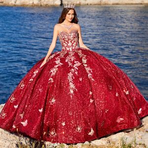 Red Shiny Quinceanera Dresses Sweetheart Ball Gown Princess Applique Lace Birthday Gown Lace-Up Birthday Sweet 16 vestidos de 15
