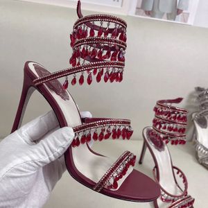 Rene Caovilla Heel Sandals Stileetto Fashion Designer Heels Crystal Lamp Pendant Rhinestone Twining Foot Ring High Heeled Womens Shoes Narrow Band 10cm Heel
