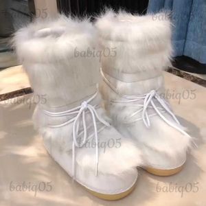 Botas 2023 botas de pele de inverno botas de neve mulheres botas de esqui fofo peludo rendas até plataforma de bezerro médio plana com botas de algodão branco babiq05