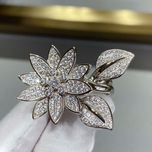 top quality trendy dupe brand full rhinestone lotus rings for women wedding ring top version