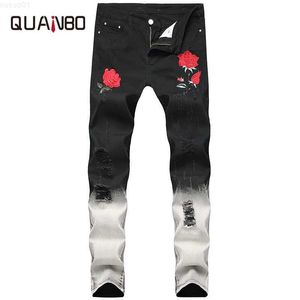 Quanbo Men's Embroidery Rose Rose Prosshed Autumn Winter Fashion Hold Ripped Black Streetwear Men Jeans Plus Size 38 40 210318 L230726