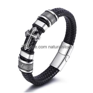 Charm Bracelets Leather Woven Cross Mens Bracelet Stainless Steel Button Hip Hop Wristband Bangle Cuff Fashion Jewelry Gift Drop Deliv Dhcko