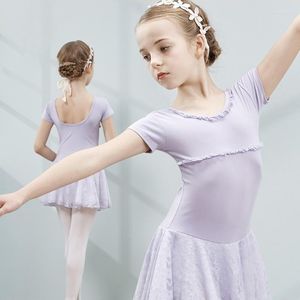 Stage Wear Kids Bodysuit Short Sleeve Solid Color Leotard Gymnastics Suit Nylon Shapewear Camisole Dance Ballet Costume Dress For Girls