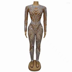 Stage Wear Glitter Silver Rhinestone Nude Sequin Jumpsuit Sexy Club Bar Dance Costume Women's PROM Party