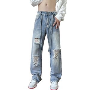 Erkek kot yırtılmış delikler erkekler kurdele bülbeli moda denim geniş bacak pantolonlar rahat retro mavi hip hop Kore pantolon 230725