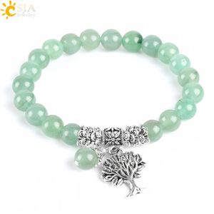 Csja ny meditation green aventurine jade kvinnor strand armband naturlig sten yoga mala bön radband pärlor helande reiki träd av2783