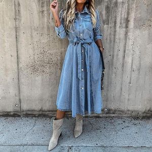 Sukienki swobodne 2023 Spring Autumn Lapel Denim Long Dress Lady High talle z pasem kobiety Elegancka solidna kieszeń z pojedynczym wyborem