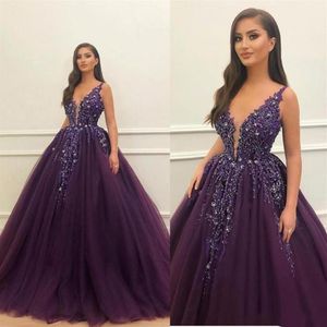 Sexy Dark Purple Deep V Neck 2022 Quinceanera Prom Dresses Tulle Pearls Applique perle Sweet 16 Party Formale Abito da sera da sera330F