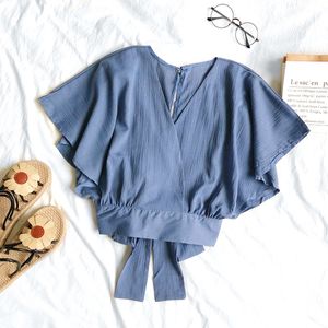 Kobiety damskie bluzki Kobiety Summer Batwing Sleeve Vneck Basic Bow Shirt Elegancka Lady Lace Up Bandage Slim High Taist Short Sexy Pullover Blouse Tops 2307726