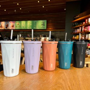 Tumblers Tyeso 600ml Diamond Coffee Cup Vacuum Stainless Steel Keep Cold and Mug Value Large Capacity Car Mounted Straw Thermos 230725