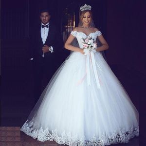 Off ramy suknia balowa sukienki ślubne koronkowe aplikacje arabskie Dubai suknie ślubne białe tiul country vestido de novia225t