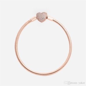 Luxuriöses CZ-Diamant-18-Karat-Roségold-Handketten-Armband-Set mit Originalverpackung für Pandora 925-Silber-Frauen-Hochzeits-Herz-Armband251N
