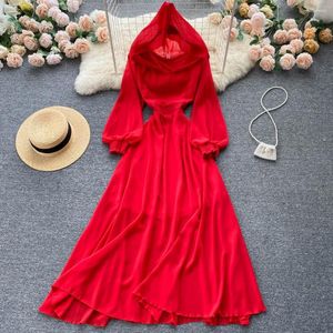 Vestidos casuais primavera outono mulheres vestido com capuz manga longa linha sólida bainha grande maxi senhoras vestidos de férias à beira-mar