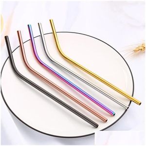 Drinking Straws 6X215Mm Colorf Stainless Steel Sts Reusable Straight And Bent Metal St Cleaning Brush For Home Kitchen Bar Drop Delive Otypw