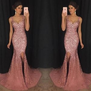 2020 Rose Pink Bling V Neck Mermaid Evening Dresses Luxury Crystal Beaded Pageant Dress Major Beading Split Sweep Train Formal Pro2322