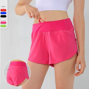 L-8263 Calça curta forrada de cintura alta, secagem rápida, respirável, para ioga, shorts esportivos femininos, calça de moletom casual com bolso traseiro com zíper