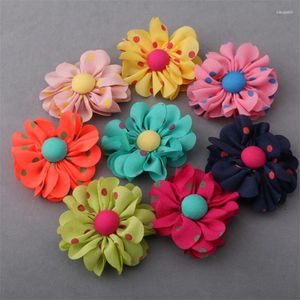 Hair Clips Wholesale 20PCs 50PCs Polka Dots Chiffon Flowers With Round Button Decorated Handmade Fabric Ribbon Floral Sticker Patch For DIY