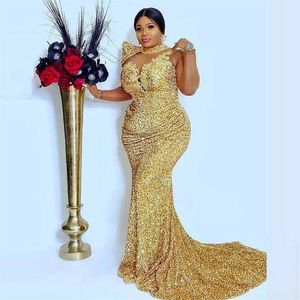 Afrikanische Gold-Pailletten-Abschlussballkleider 2022 Plus Size Meerjungfrau bodenlanges Abendkleid Illusion Langarm formelle Partykleider O-Ausschnitt 247B