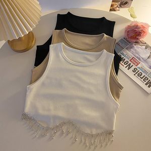 Women's Tanks Clothing Unique Design Tank Top Short Rhinestone Tassel High Grade Feel Pure Spicy Girl Open Umbilium Knitted Sling