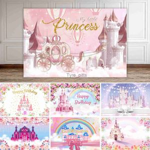 Bakgrundsmaterial Neoback Princess Birthday Party Bakgrund Girl Photography Pink Castle Unicorn Carrier Flash Star Anpassad baby bakgrund x0725