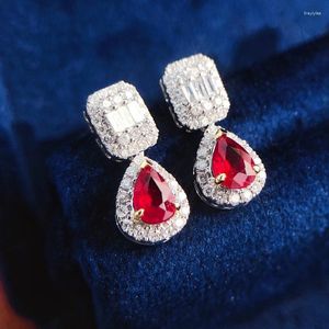 Stud Earrings Luxury Engagement Earings Fashionable Silver Inlaid With Red Gemstone Water Droplet Shaped For Women Classics Jewelry