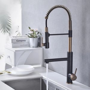 Brushed Gold Kitchen Faucets Pull Down Sink Faucet Pull Out Black Spring Spout Hot Cold Water Crane Kitchen Faucets