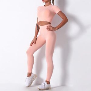 Set attivi 2 pezzi Set da yoga da donna senza cuciture Allenamento Abbigliamento sportivo Abbigliamento da palestra Fitness Manica corta Vita alta Leggings per il sollevamento dell'anca Tute sportive