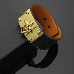 Pulseira de bloqueio de moda plana marrom marca pulseiras de charme pulseira de couro banhado a ouro 18 k amantes de aço inoxidável pulseira masculina para joias de designer de casal