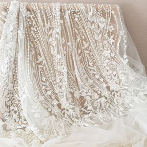Embossing 1 Yard 3d Ivory Beaded Geometric Stripe Haute Couture Tulle Lace Fabric ,wedding Dress Bridal Gown Evening Clothes Diy