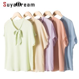 Womens Blouses Shirts SuyaDream Koreaanse Stye Effen Blouse Vrouwen 100% Echte Zijde Vleermuis Mouwen Boog Kraag Shirt Zomer 230726