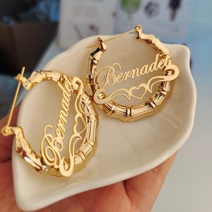 Hoop Huggie 30mm-100mm Bamboo Earrings Customize Name Earrings Custom Hoop Bamboo Style Personality Earrings With Heart-shaped with gift box 230725