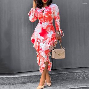 Casual Dresses Round Neck Boho Floral Printed Dress Slim Spring Sexy Cut Out Ruffles Party Office Midi BodyCon