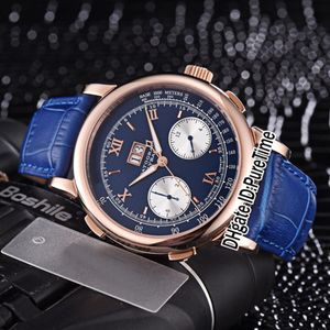 New Gig Dage Datograph 403 031 Automatic Mens Watch Rose Gold Blue Dial Silver Subdial Daydate Big Calendar Watches Leather Pureti305W