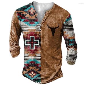 Men's T Shirts Vintage 3d Henley Shirt Tee Graphic Long Sleeve V Neck Cotton Button-down Oversized Male Tshirt Pullover