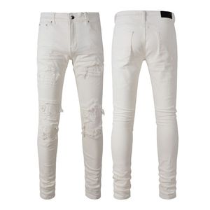 Calças masculinas skinny jeans de marca jeans empilhados calças masculinas hip-hop high street fashion jeans de marca retrô rasgado costura dobrada designer motocicleta montando calças finas