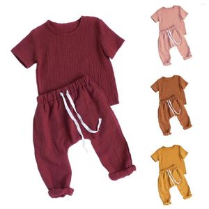 Conjuntos de roupas para bebês meninos de linho de algodão nascidos shorts manga camiseta calças meninas roupas infantis 4t 5t calças compridas macacão