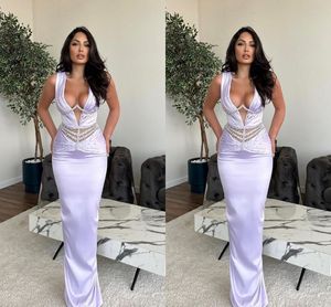 Dubai Arabic Lavender Plus Size Mermaid Evening Dresses Long for Women Deep V Neck Beaded Birthday Prom Celebrity Pageant Formal Occasion Party Gowns