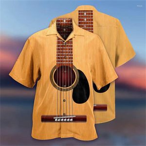 Camisas casuais masculinas havaianas gola cubana camisa musical guitarra instrumento 3d manga curta camiseta oversized masculina