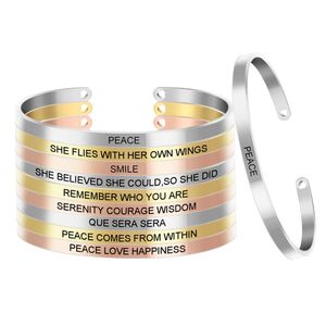 10pcs Lot Lazer Gravür Pozitif Kimlik İlham Alıntı Paslanmaz Çelik Bangles Koleksiyonu Özelleştirilmiş Kumbası Mantra Bilezik SL-05220p