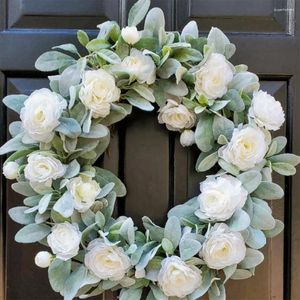 Decorative Flowers White Artificial Rose Wreath For Front Door Spring Summer Floral Garland Valentine Wedding Farmhouse Home Wall Window