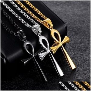 Colares com Pingente de Artes e Ofícios Moda Premium Estilo Punk Ouro Preto Egípcio Ankh Life Cross Colar Para Homens Jóias Pingente Gota Dhac8