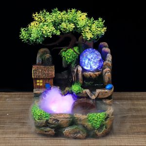 Objetos decorativos estatuetas luzes led resina rockery fonte de água corrente sorte feng shui roda enfeites de mesa de escritório com nebulizador decoração de casa 230725