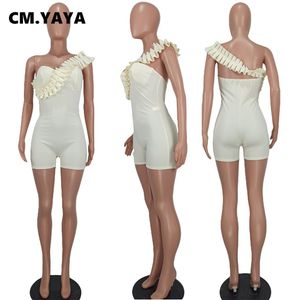 Set Cm.yaya Women Ruffles Spicing One Shoulder Sweetheart Neck White Bodycon Stretch Romper and Playsuit 2022 Summer Sexy Overall