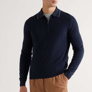 Polos de grife para homens Loro Piana Camisa polo de lã virgem e mistura de seda com meio zíper Moda Tops outono e inverno