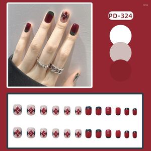 偽の爪24pcs光沢のある赤いグリーンカレッジスタイルのウェアラブルフェイクネイル女性サロンフィンガーツーディープレスオンsan889